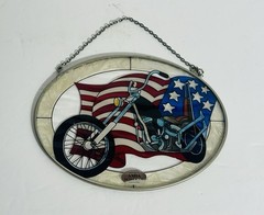 AMIA Studios Glass Suncatcher Motorcycle Stars Stripes Americana Biker