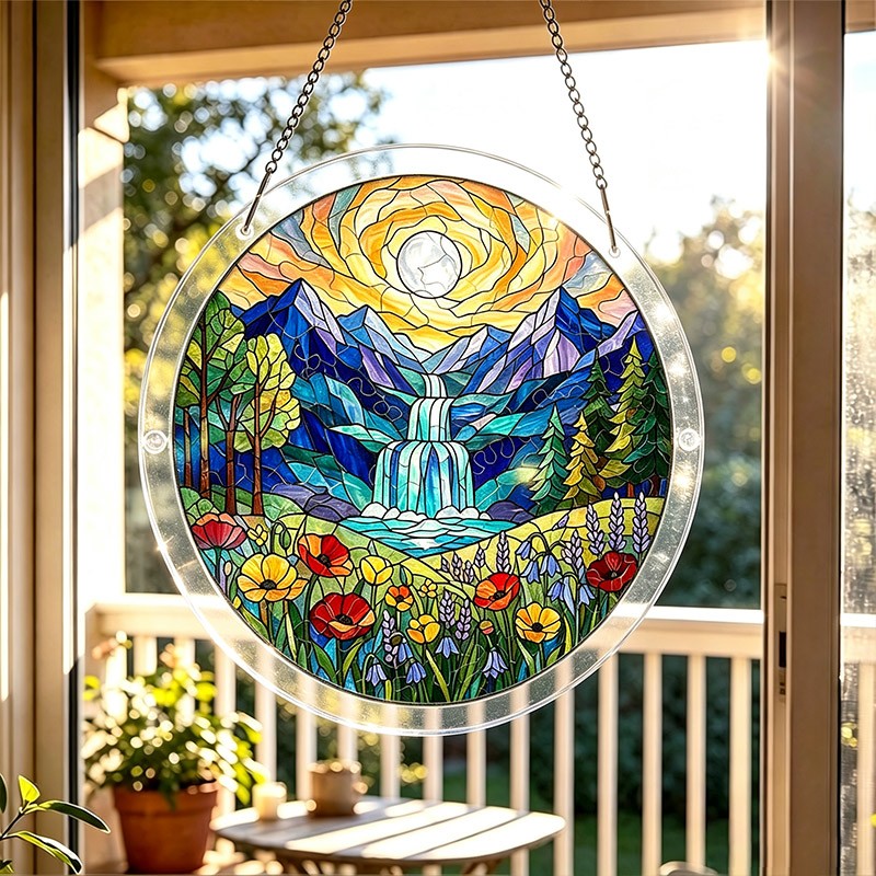 Classic Waterfall Mountain Moon Round Acrylic Puzzle Suncatcher Wall Hanging