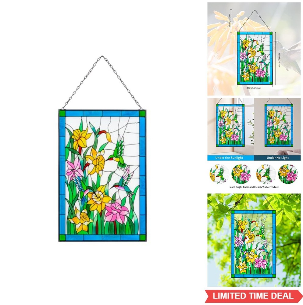Hummingbird Stained Glass Window Hanging 10×15 Inch Suncatcher for Indoor