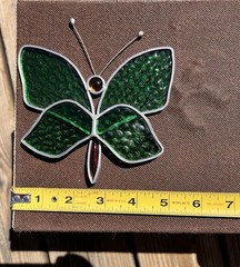 Vintage Green Orange Leaded Stained Glass Sun Catcher Full Butterfly 5 in x 5 in