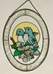 STUNNING VINTAGE JOAN BAKER STAINED GLASS SUNCATCHER WITH TWO BLUEBIRDS!