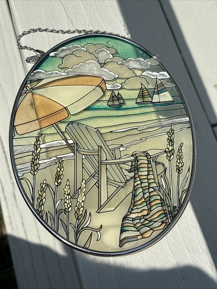 AMIA Oval Glass Suncatcher Stained Glass Beach SEA Shore Chair Paul Brent Sail