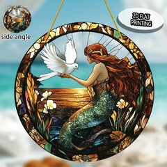 Mermaid & Dove Acrylic Suncatcher Coastal Fantasy Themed Hanging Window Decor
