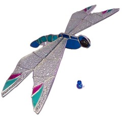 Dragonfly Stained Glass hanging 3D Art Soldered Hinged Wings 14″ Span Blue Green