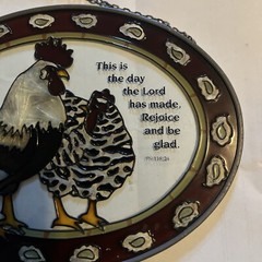 Joan Baker Designs Hand Painted Stained Glass Speckled Chickens Rooster VTG