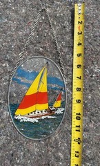 Sailboat Hand Painted On Glass Vintage Suncatcher Handmade with Chain