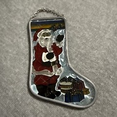VTG 80s Christmas STOCKING W PRESENT Stained Glass Sun Catcher Hanging Santa