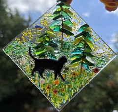 Fused Glass Handmade Diamond Shaped Multicolored Sun Catcher Signed By Artist