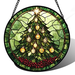 Stained Glass Christmas Tree Suncatcher – Green Bells Home Decor Gift 6.3″