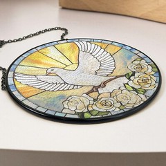 White Dove Stained Glass Suncatcher, Peace Bird Window Hanging with Roses