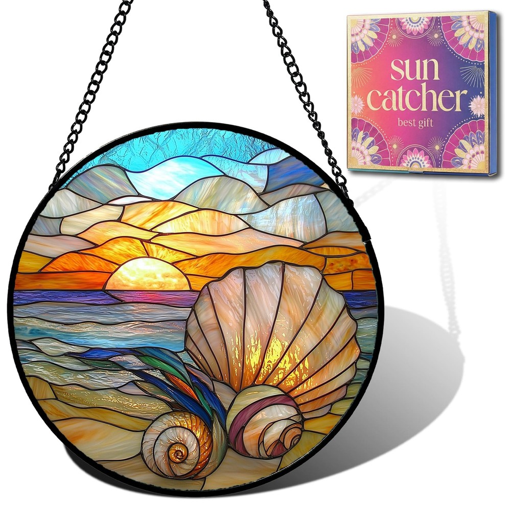 “Beach Shell Faux Stained Glass Sun Catcher – Ocean Decor for Home & Garden”