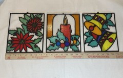 Set of 3 Christmas Bells, Candles, Flowers80s Plastic Stained Glass Sun Catchers