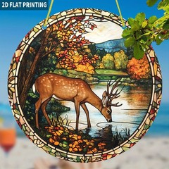 Autumn Stag Drinking By Lake Acrylic Suncatcher Wildlife Window Hanging Decor