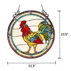 24″ Stained Glass Rooster Round Window Panel Handcrafted Tiffany Style
