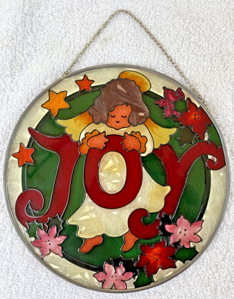 Vintage Joan Baker Stained Glass Sun Catcher Hand Painted Christmas Joy 7″