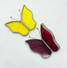 2-Pc Stained Glass 3D Butterfly Sun Catcher Yellow & Red Window Art