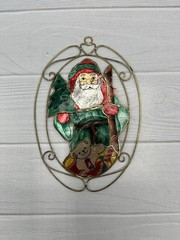 Vintage Santa Claus Teddy Bear Capiz Suncatcher Ornament Approx 6 1/2” x 4 1/2”