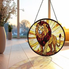Stained Glass Lion Suncatcher Round Panel Window Hanging Sunlight Decor