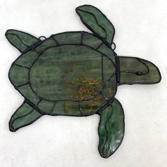 Vintage TURTLE Stained Glass Sun Catcher Green Marbled Slag Glass Hanging 6.75”