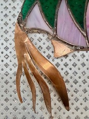 Vintage Stained Glass Rainbow Fish Suncatcher Dichroic Green/Pink w/Copper Fins