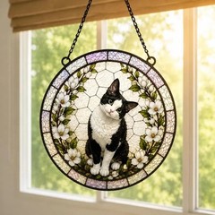 Personalized Tuxedo Cat Suncatcher ,Stained Glass Memorial ,Window Hanging Gift