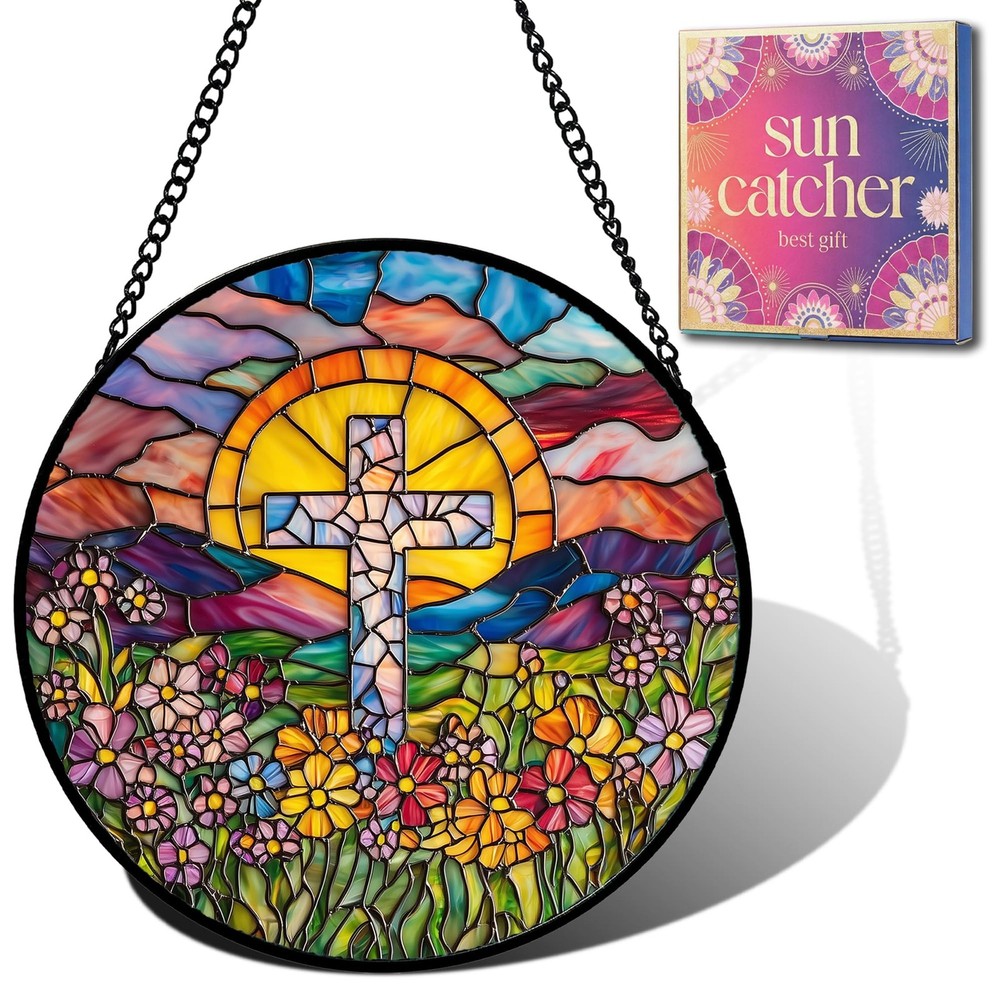 “Flower Cross Faux Stained Glass Sun Catcher – Unique Home Decor Gift”