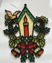 2 Vtg Plastic Stained Glass Christmas Suncatcher Lantern & Dove ~Mouse & Candle