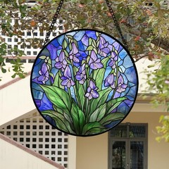 Stained Glass Suncatcher Blue Purple Flower Window Hanging Decoration 7.8″