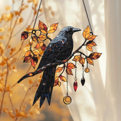 Mystic Crow Raven Faux Acrylic Suncatcher Window Hanging Decor