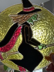 Vtg Suncatcher Acrylic Hanging Halloween Witch On Broom Large Round 9.5″ x 8.5″