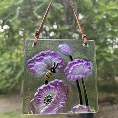 Bee On Flowers Pollinators Art Embossed Glass Sun Catcher W/Leather Cord|Sz:4.5″
