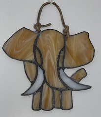 Stained Glass Window Suncatcher Elephant Orange Tan White leather hanger Safari