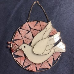 5-1/4” inch Artisan Stained Glass Hanging Suncatcher Dove With Stem Of Berries