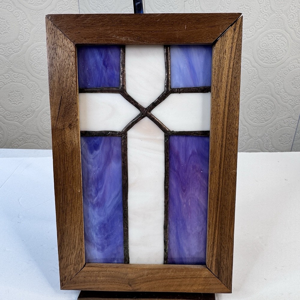 Vintage Stained Glass Cross Suncatcher Blue White Window Decor Wooden Frame Art