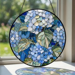 Blue Hydrangea Stained Glass Suncatcher, Wildflower Floral Window Hanging, Vinta