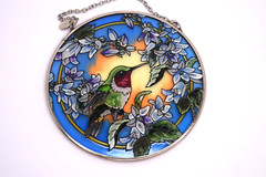 Lot of 2 Hummingbird w/ Flowers Window Suncatcher Stained/ Painted Glass AMIA