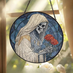 Gothic Rose Skeleton Stained Glass Suncatcher, Round Dark Floral Window Panel