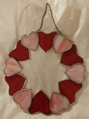 Stained Glass Hanging Sun Catcher 10″ Pink And Red Hearts – Beautiful!