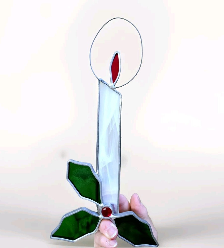 Stained Glass Suncatcher Christmas Candle Holly 12″ L Window Art Glass