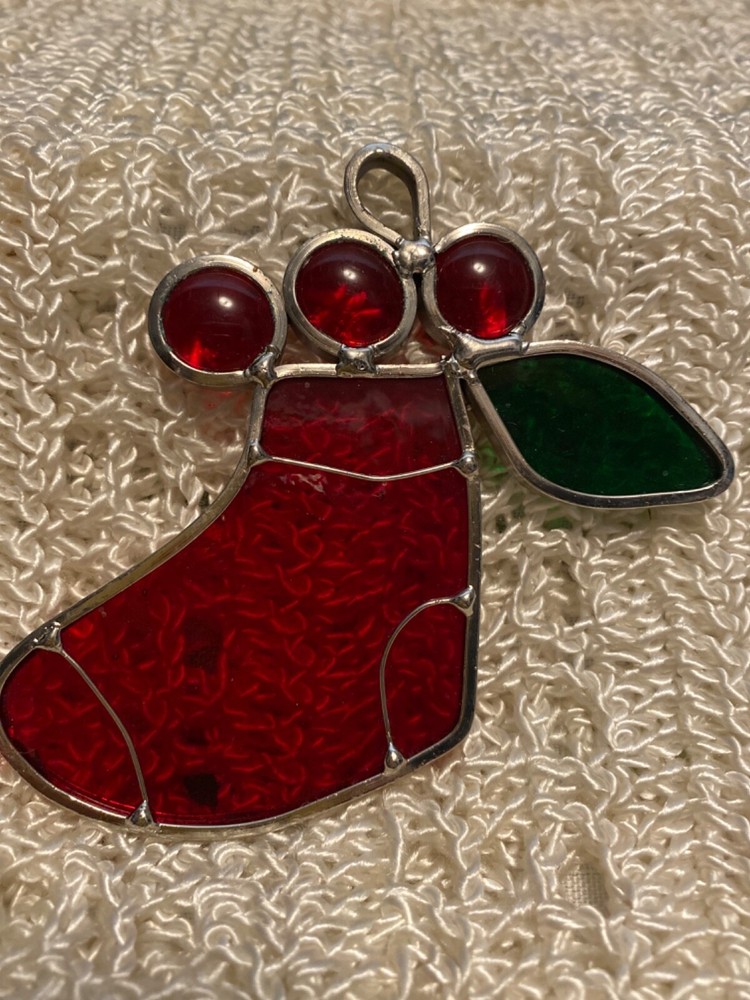 Vintage Christmas Stocking  Sun Catcher Stained Glass Leaded Glass