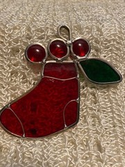 Vintage Christmas Stocking  Sun Catcher Stained Glass Leaded Glass