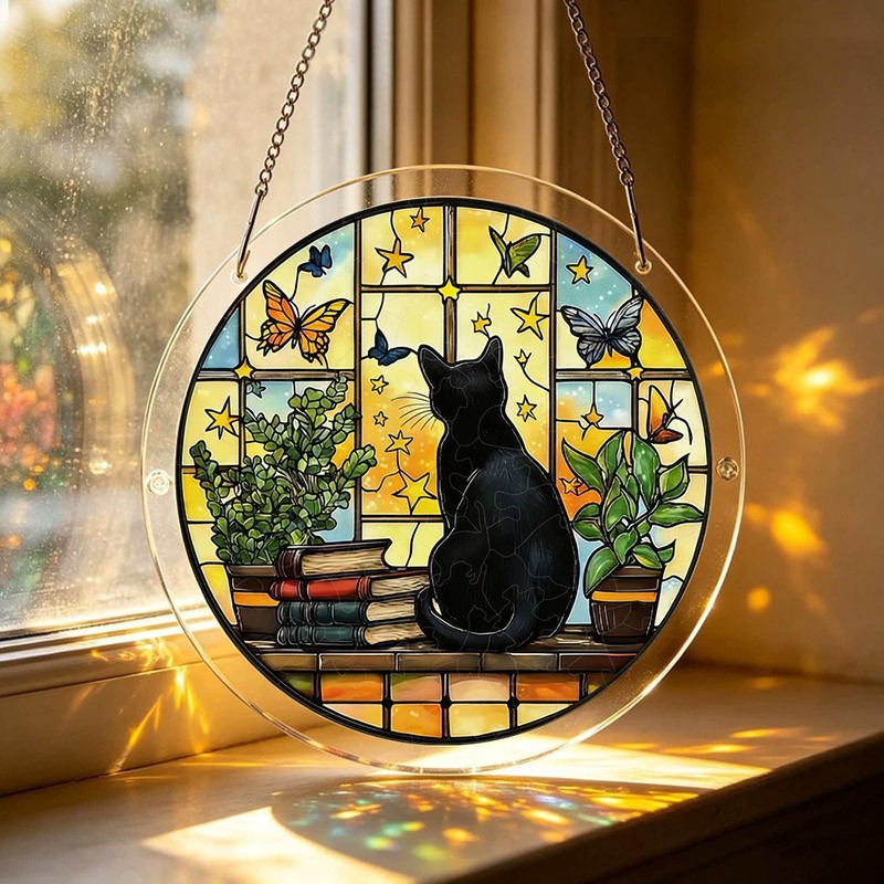 Warm Yellow Star Window Black Cat Stacked Books Acrylic Puzzle Suncatcher Gift