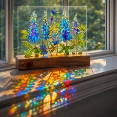Texas Bluebonnet and Hummingbirds Suncatcher Window Hanging, Wildflower Stained