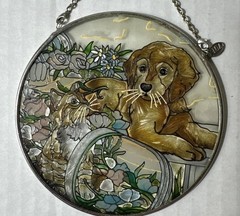 Amia Stained Glass Suncatcher Hand Painted Cat Dog Floral 4.5″ Round w/Chain