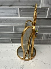 VTG Stained Gold/Teal Glass Angel Sun Catcher Holding Flowers Free Standing EUC!