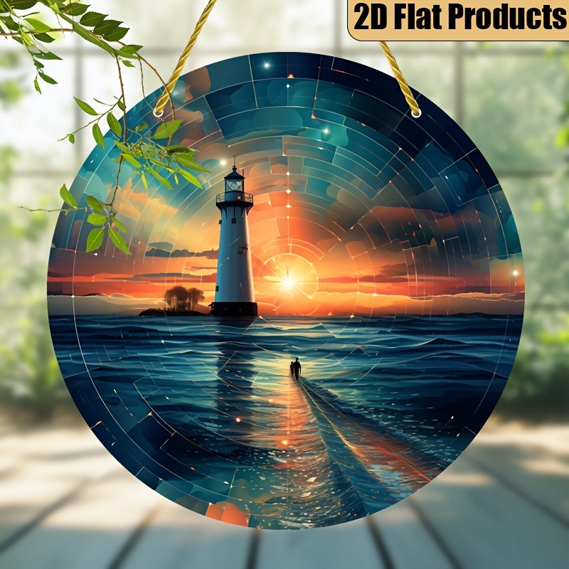 Ocean Sunset Lighthouse Silhouette Sea Wave Round Acrylic Suncatcher Decor