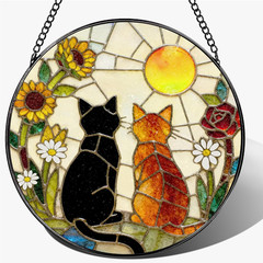 Stained Glass Window Hanging, 7.8″ Charming Cat Couple Garden Suncatcher, Sun Ca