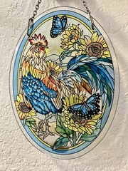 AMIA Stained Glass Suncatcher Rooster Floral Butterfly Country 7 x 5″ READ