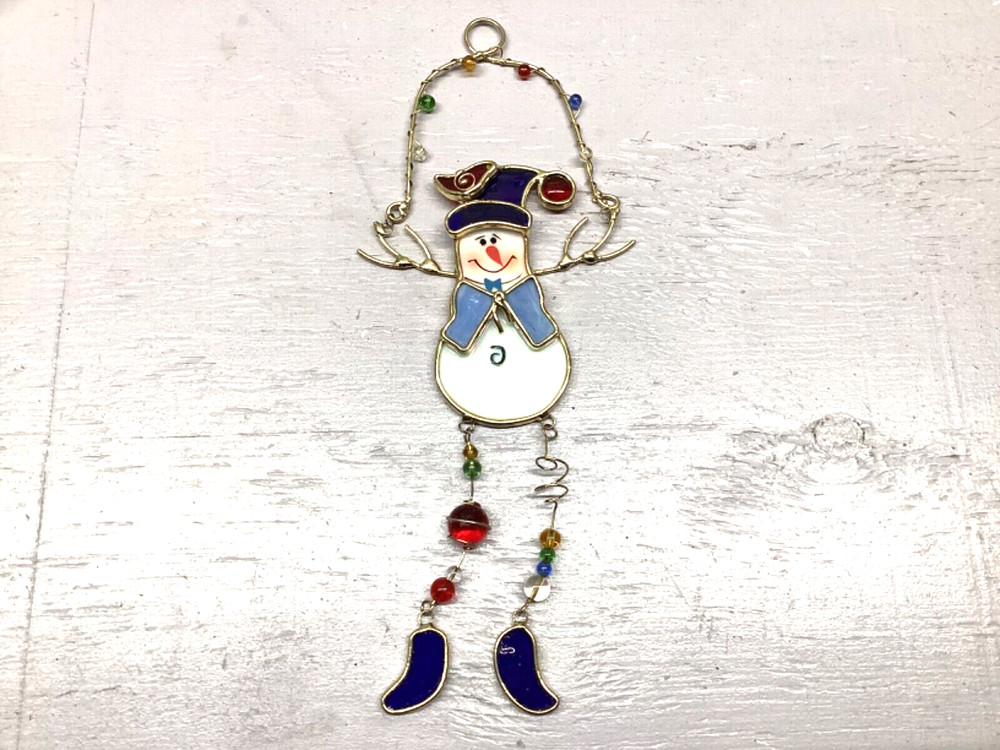 Stained Glass Window Sun Catcher Snowman With Hanging Beads 1 ft long
