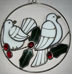 VTG Doves Holly Berry Stained Glass Sun Catcher Country Cottage Grandma Core